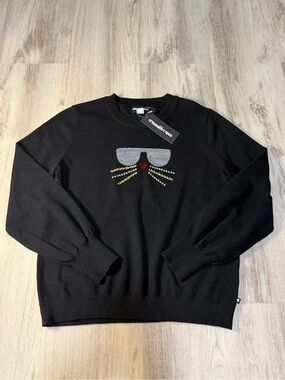 Karl Lagerfeld Black Crewneck Sweater with Jeweled Cat Face